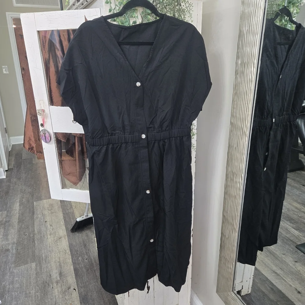 XL Black Midi Dress with Buttons Elastic Waist Goth Grunge Minimalist - Picture 1 of 4